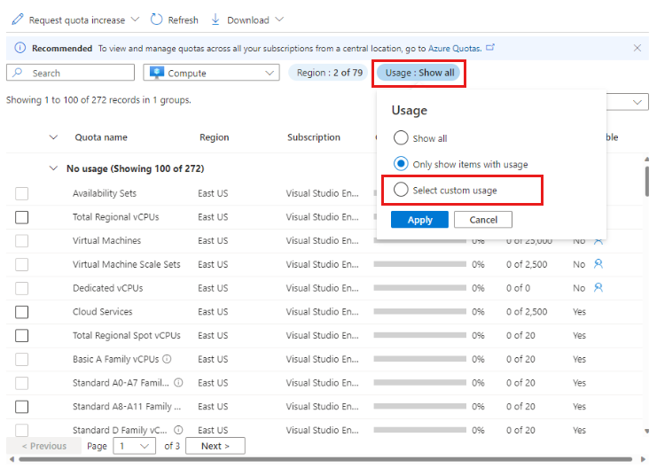 Screenshot showing the Usage and quotas page, with Usage drop down and Select custom usage option highlighted.