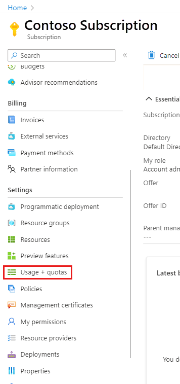 Screenshot showing the Subscription overview left menu, with Usage and quotas highlighted.