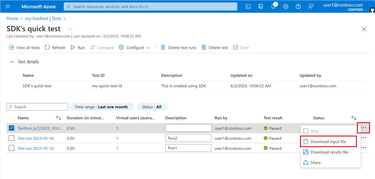 Screenshot that shows how to download the results file for a load test run.