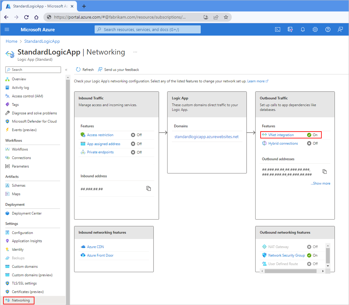 Screenshot shows Azure portal, Standard logic app resource, and Networking page with virtual network integration enabled.