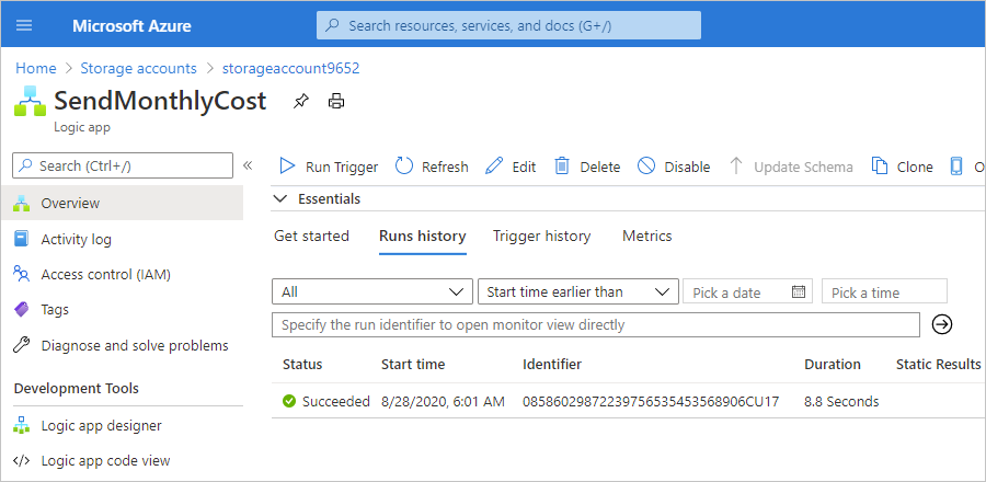 Screenshot that shows the task in Azure Logic Apps view with Overview pane selected.