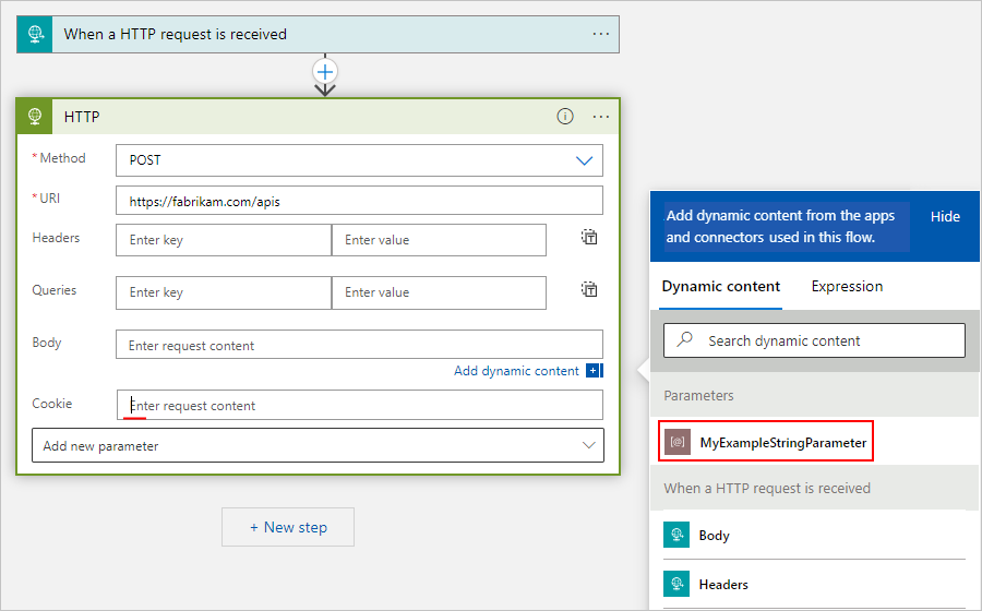 Screenshot showing designer for Consumption workflow and example action with the cursor in property edit box, expanded dynamic content list, and previously created parameter selected.