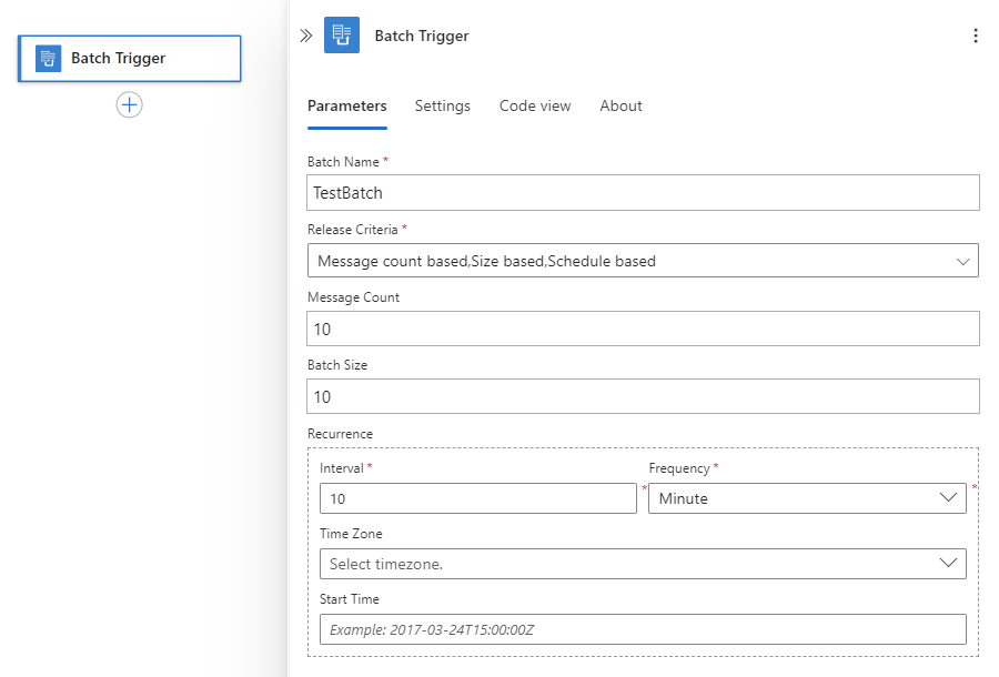 Screenshot shows all criteria for Batch Trigger.