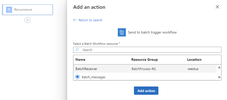 Screenshot shows Consumption workflow with Recurrence trigger and batch sender action that selects a batch receiver logic app resource and trigger.