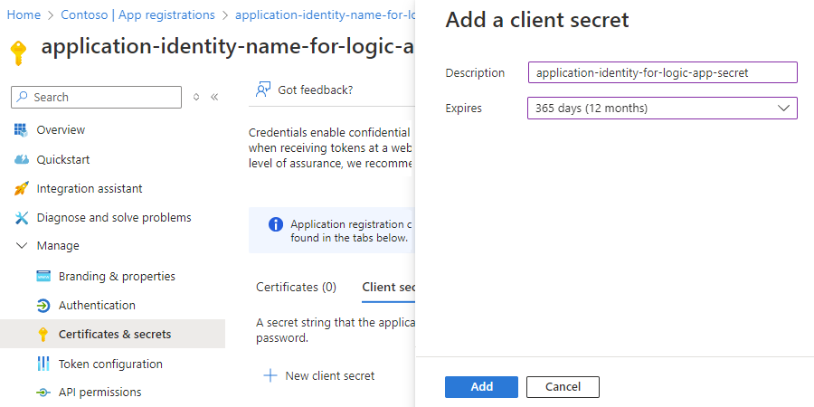 Screenshot showing secret creation for application identity.