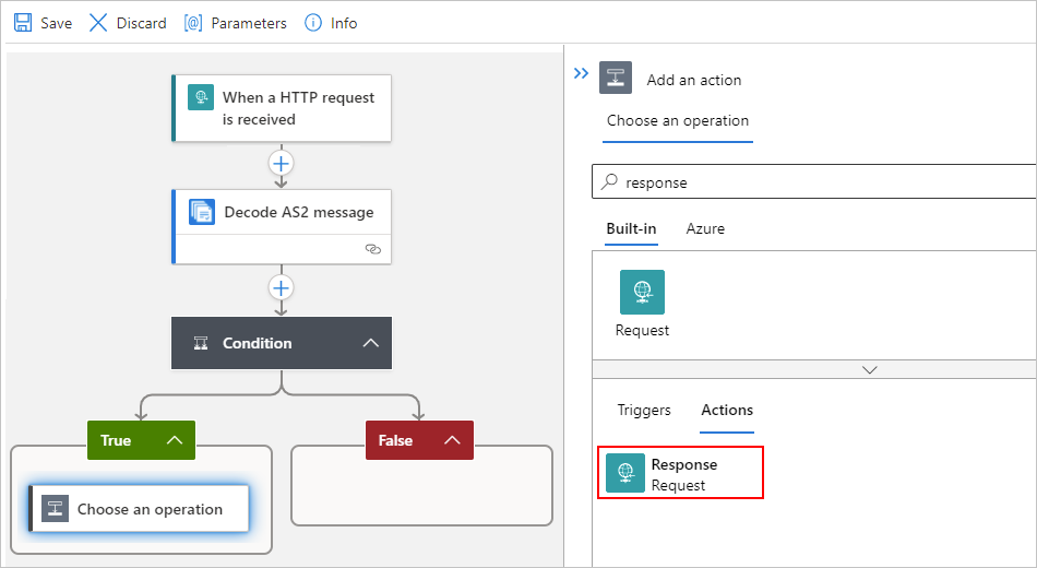 Screenshot showing single-tenant designer and the "Response" action.