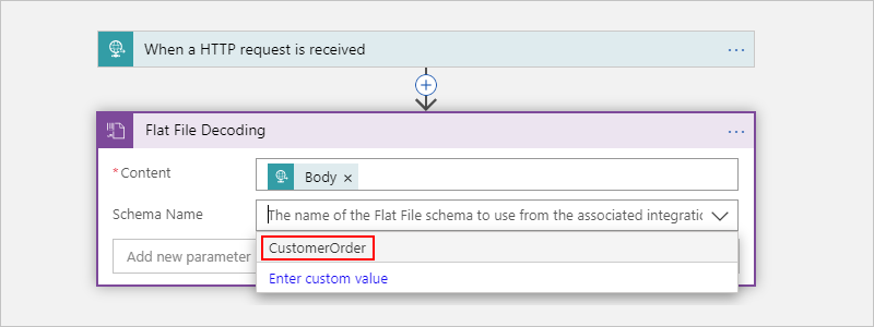 Screenshot showing Consumption workflow designer and opened "Schema Name" list with selected schema for decoding.