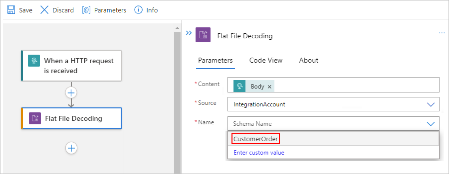 Screenshot showing the Standard workflow designer and the opened "Name" list with selected schema to use for decoding.