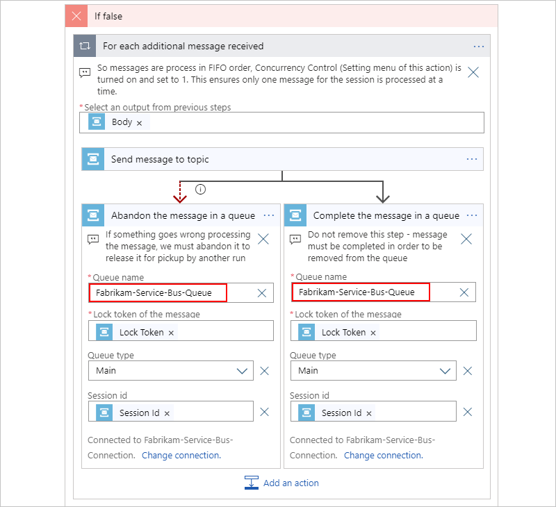 Service Bus actions - "Complete the message in a queue" and "Abandon the message in a queue"