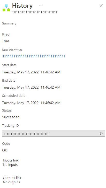 Screenshot shows selected Consumption workflow trigger history information.