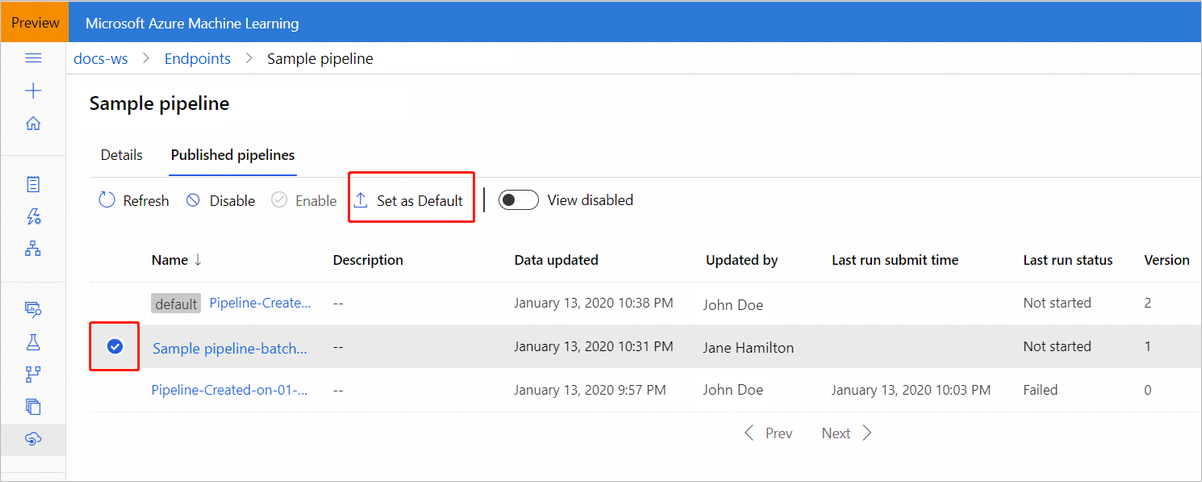 Screenshot of sample pipeline tab with set as default highlighted.