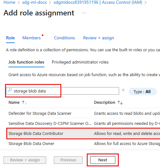 Screenshot shows Storage Blob Data Contributor role.