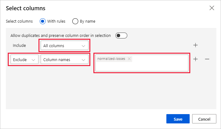 Screenshot of select columns with exclude highlighted.