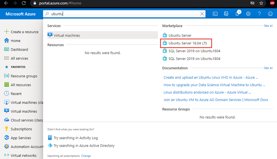 Find Ubuntu server image from the Azure portal.