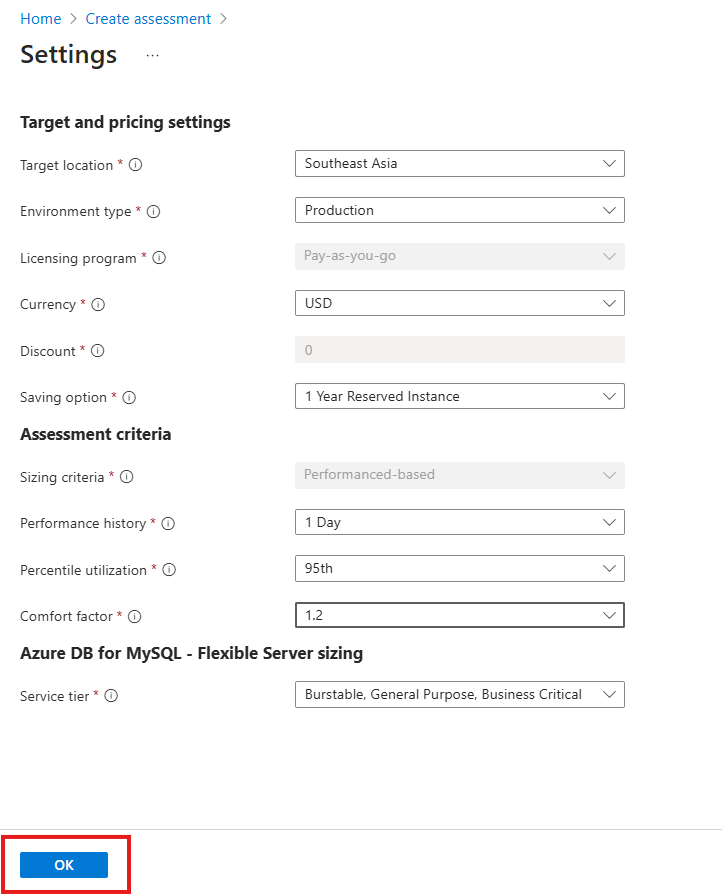 Screenshot on how to save mysql assessment settings.