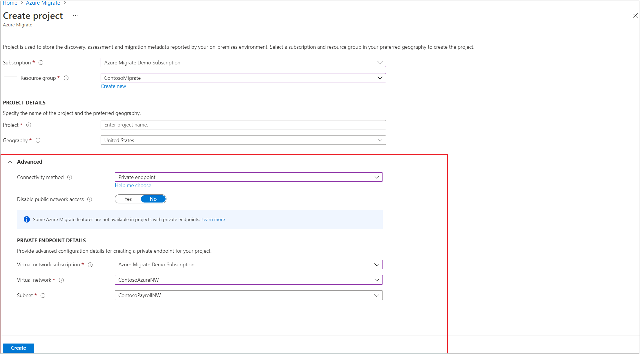 Screenshot that shows the Advanced section on the Create project page.