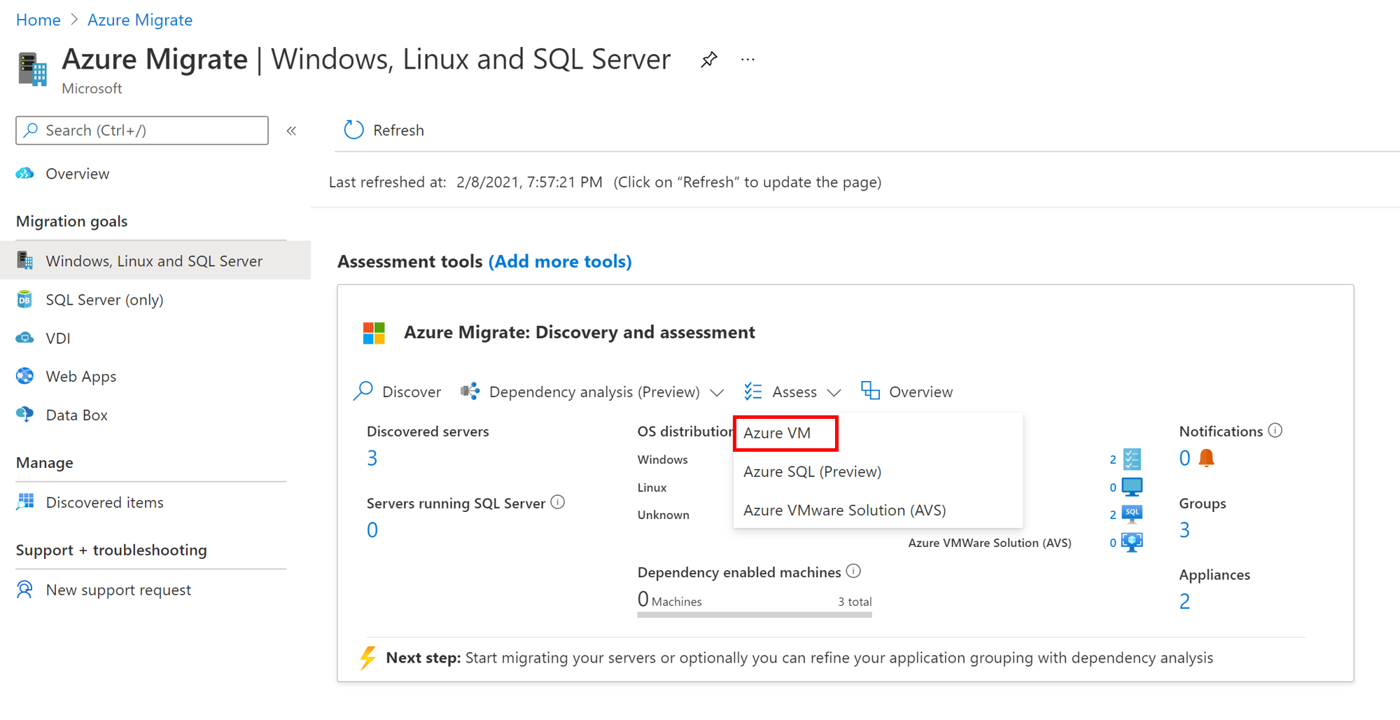 Screenshot of Assess VM selection.