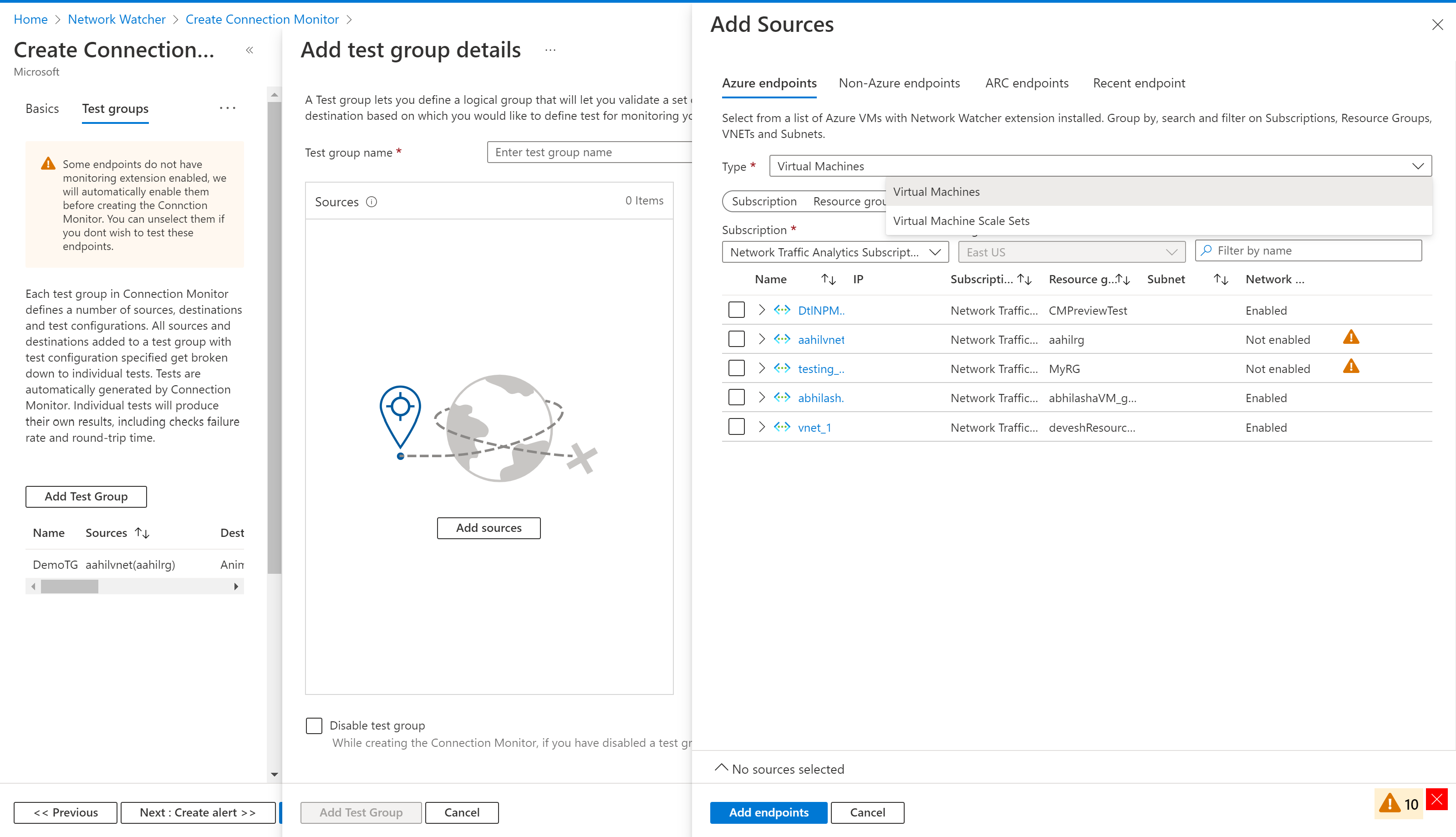 Screenshot that shows the 'Add Sources' pane and the Azure endpoints, including the 'Virtual Machine Scale Sets' tab in Connection Monitor.