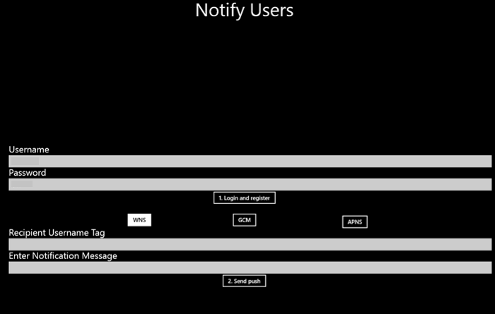 Screenshot of the Notification Hubs application showing the username and password filled in.