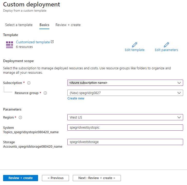 Screenshot of deploy Resource Manager template page.