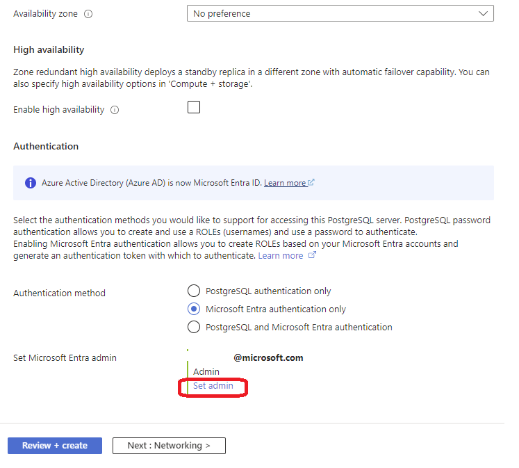 Screenshot that shows selections for setting a Microsoft Entra admin during server provisioning.].