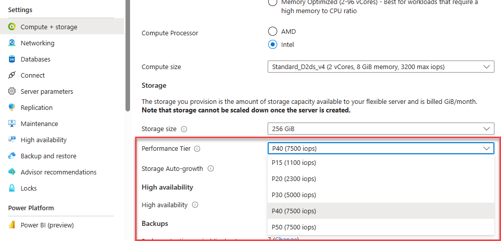 Screenshot that shows performance tier drop-down 5.