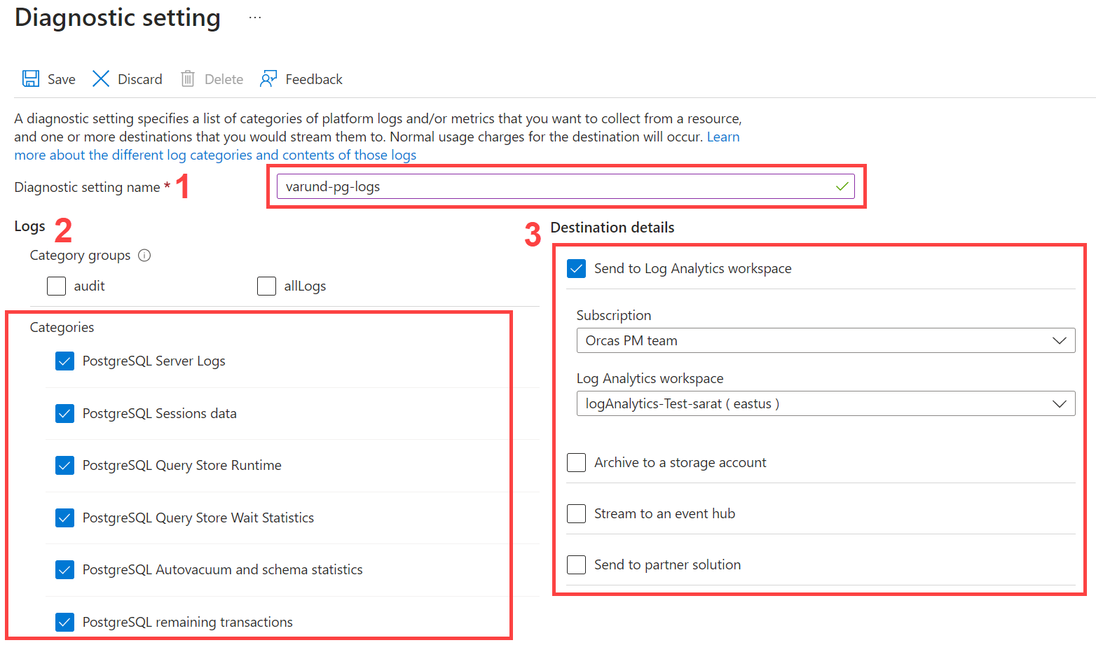 Screenshot of choosing log categories.