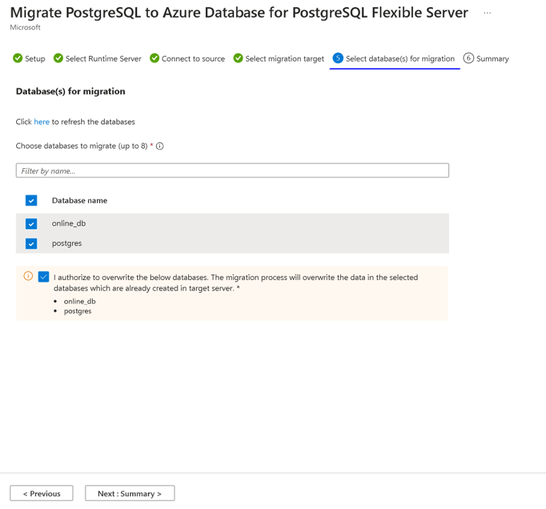 Screenshot of Databases to migrate.