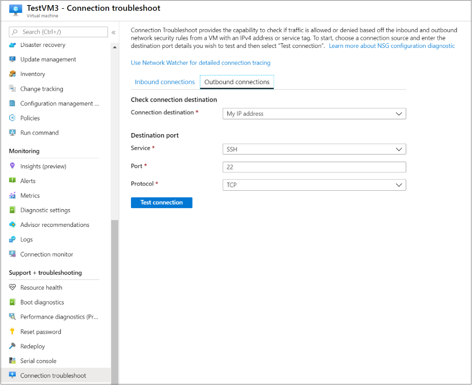 Screenshot of Network Watcher - Test outbound connections.