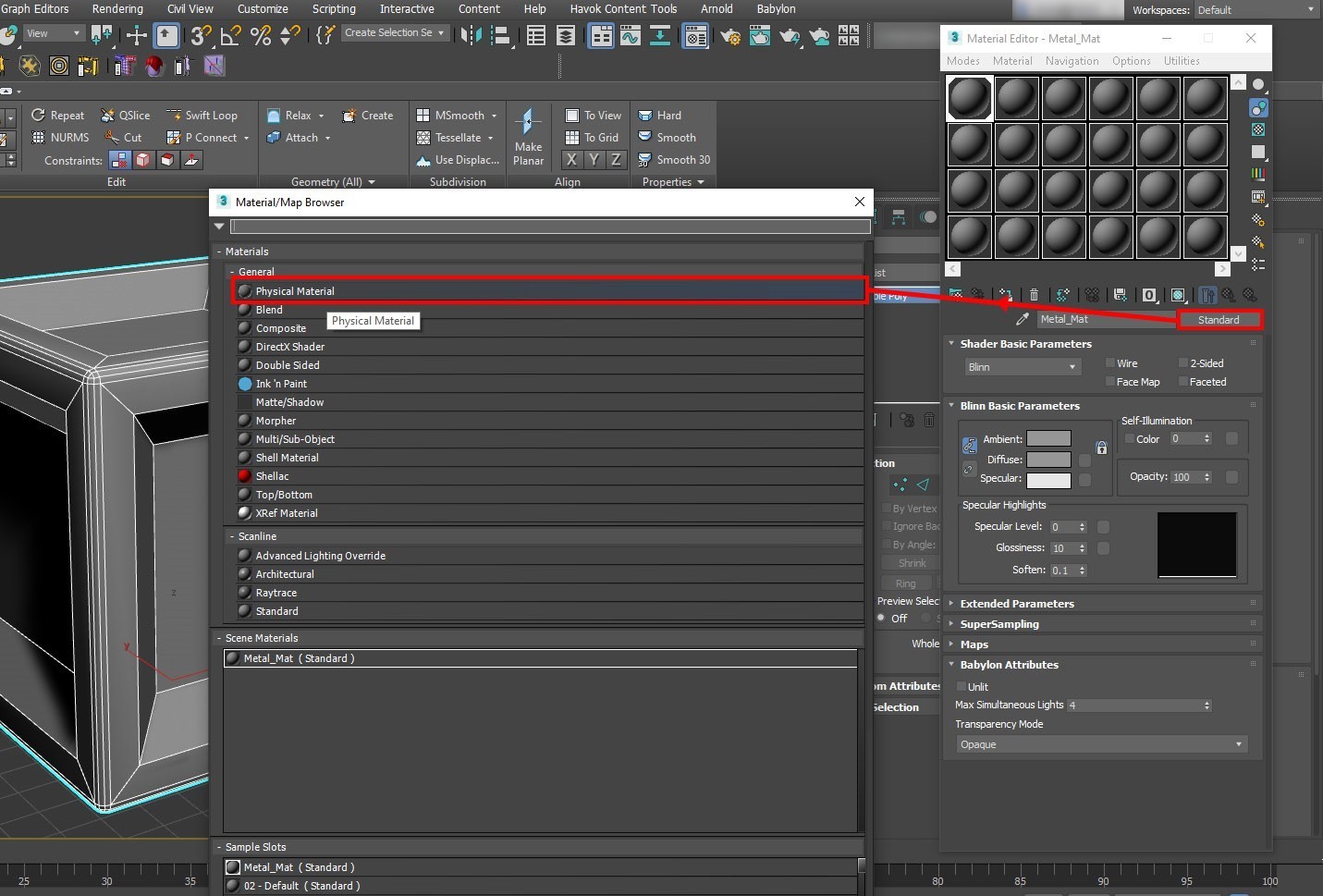 Screenshot that shows how to change the material.