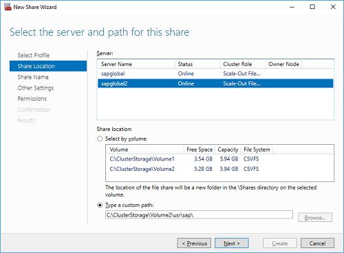 Figure 8: Select "sapglobalhost2" and specify path on Volume2