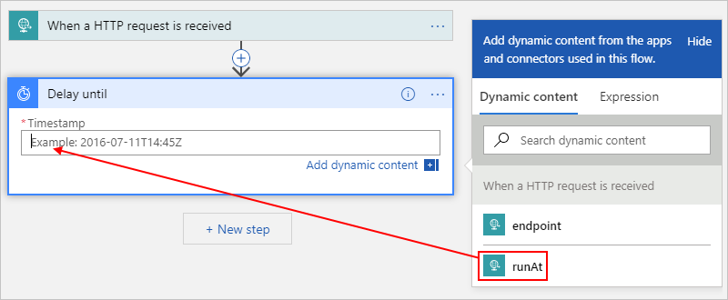 Screenshot showing the "Delay until" action details with the dynamic content list open and the "runAt" property selected.