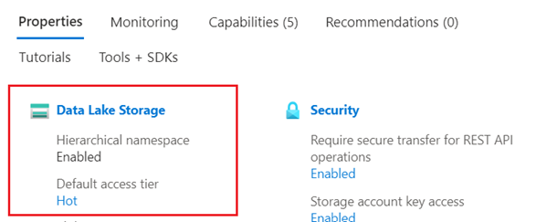 Screenshot of the storage account properties page showing Data Lake Storage.