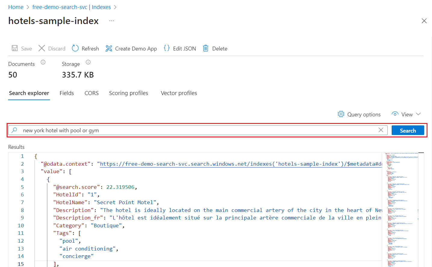 Screenshot that shows how to enter and run a query in the  Search Explorer tool.