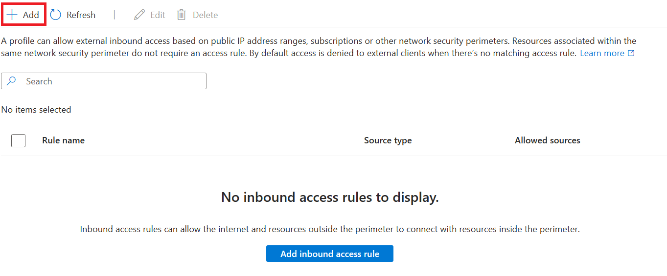 Screenshot of add inbound network security perimeter access rule button.