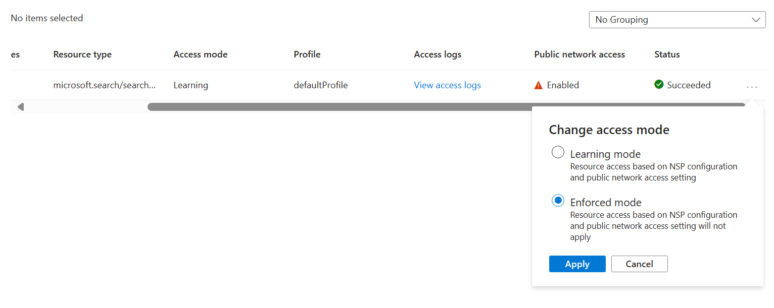 Screenshot of the change access mode button in the network security perimeter portal with the access modes displayed.