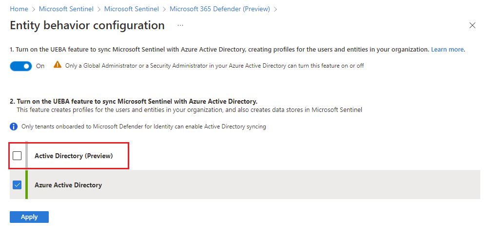 Screenshot of UEBA configuration page for connecting user entities to Microsoft Sentinel.