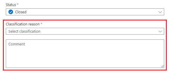 Screenshot of classification reason fields for closing an incident.