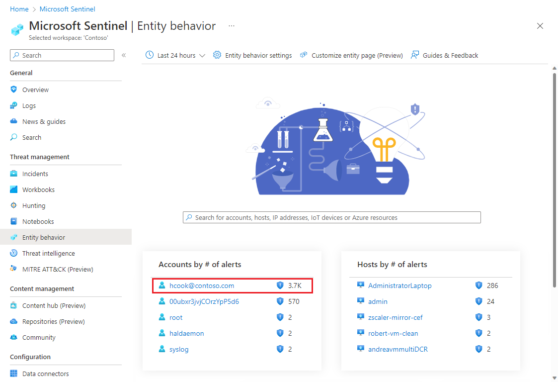 Screenshot of selecting an entity from the entity behavior page to run a playbook on it.