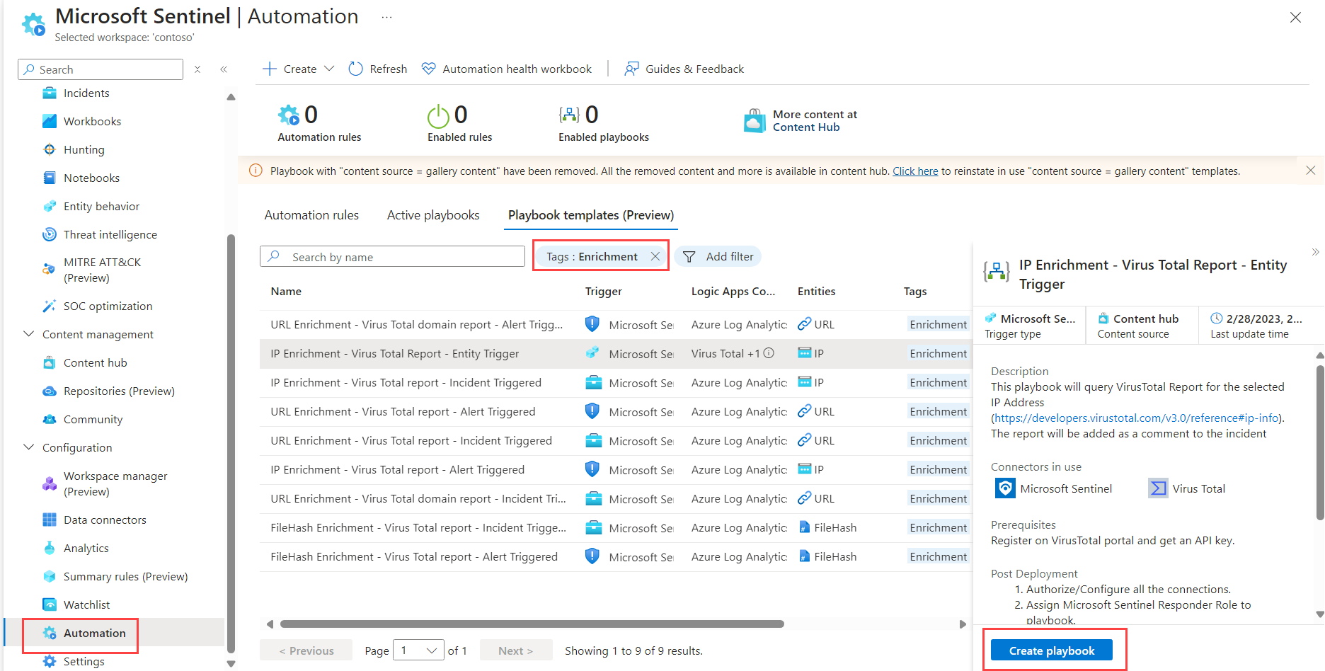 Screenshot of the IP Enrichment - Virus Total Report - Entity Trigger template selected.