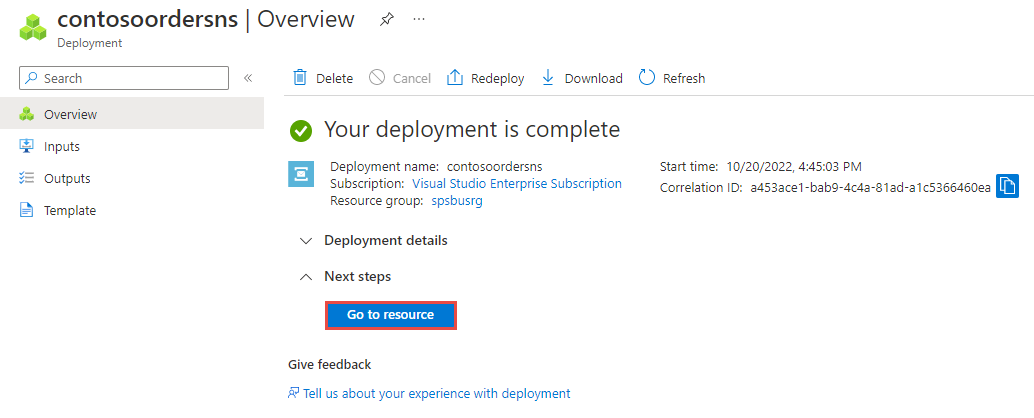 Image showing the deployment succeeded page with the Go to resource link.