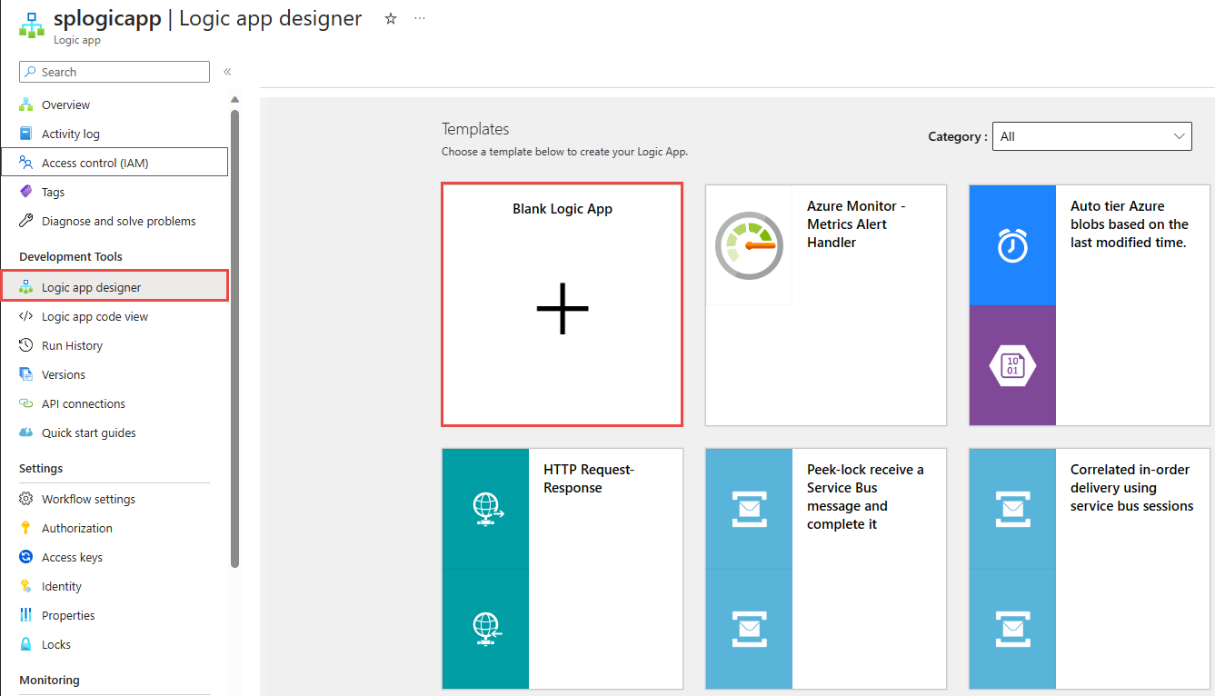 Screenshot that shows the Logic app designer page with the Blank logic app option selected.