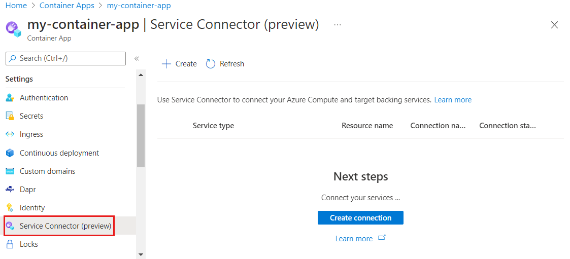 Screenshot of the Azure portal, selecting Service Connector and creating new connection.