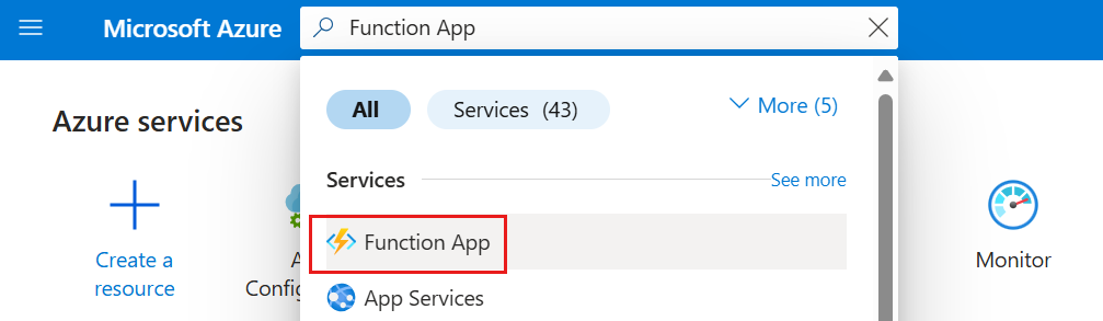 Screenshot of the Azure portal, selecting Function App.