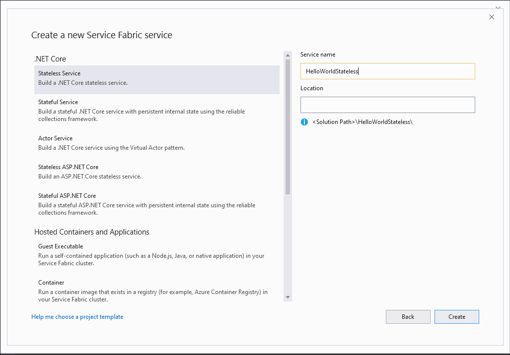 In the second dialog box, create a stateless service project