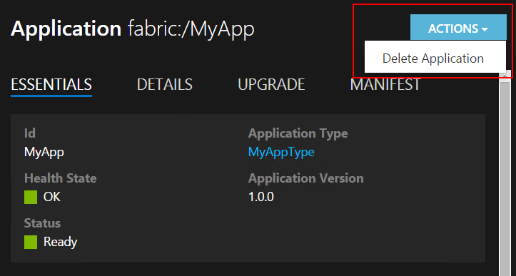 Deleting an application in Service Fabric Explorer