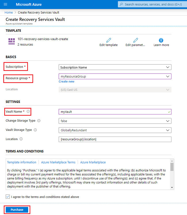 Template to create a Recovery Services vault.