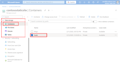 Screenshot showing how to enable static website hosting on a storage account using a blob storage container.