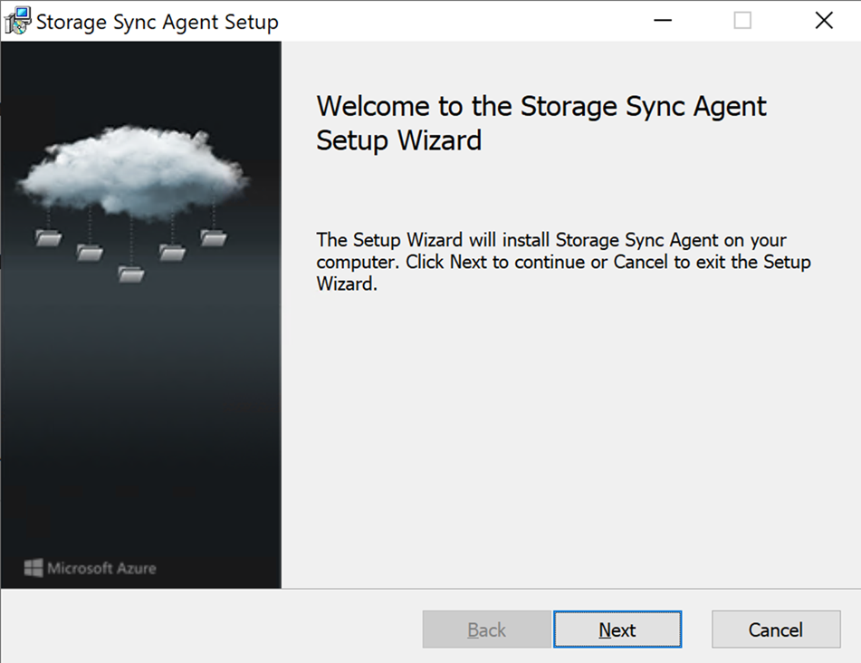 Screenshot of the File Sync Agent Setup Wizard welcome screen with Next and Cancel Buttons.