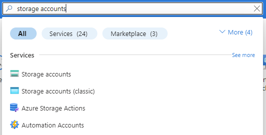 A screenshot of the Azure portal search box with results for "storage accounts".